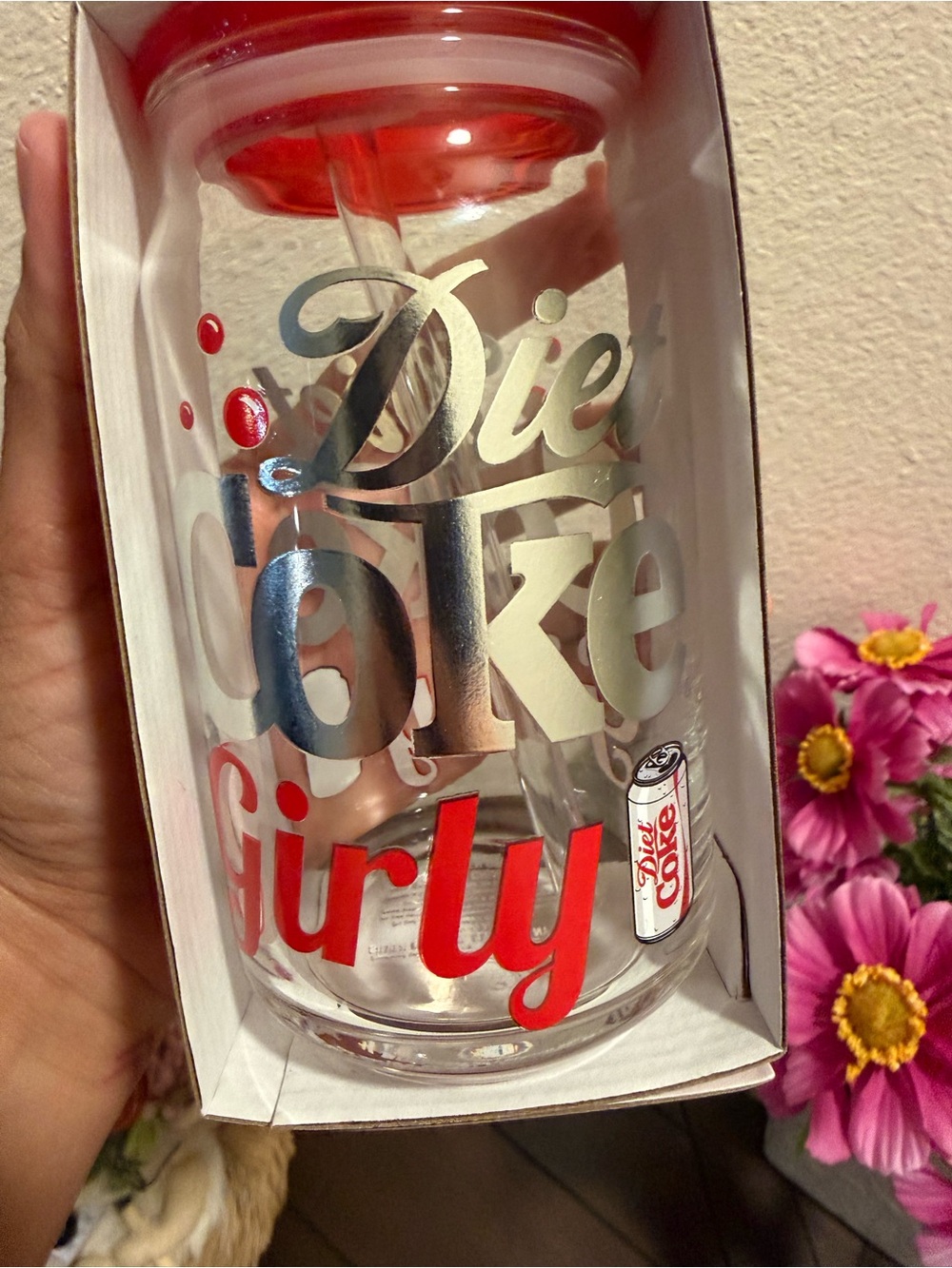 Coca Cola ‘Diet Coke Girly’ 16 oz Glass Tumbler with Red Lid & Straw- NWT